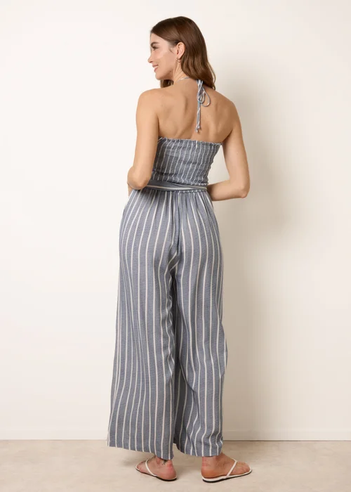 Blue Vanilla Blue Bardot Tie Neck Pinstripe Jumpsuit - L/XL Image 4