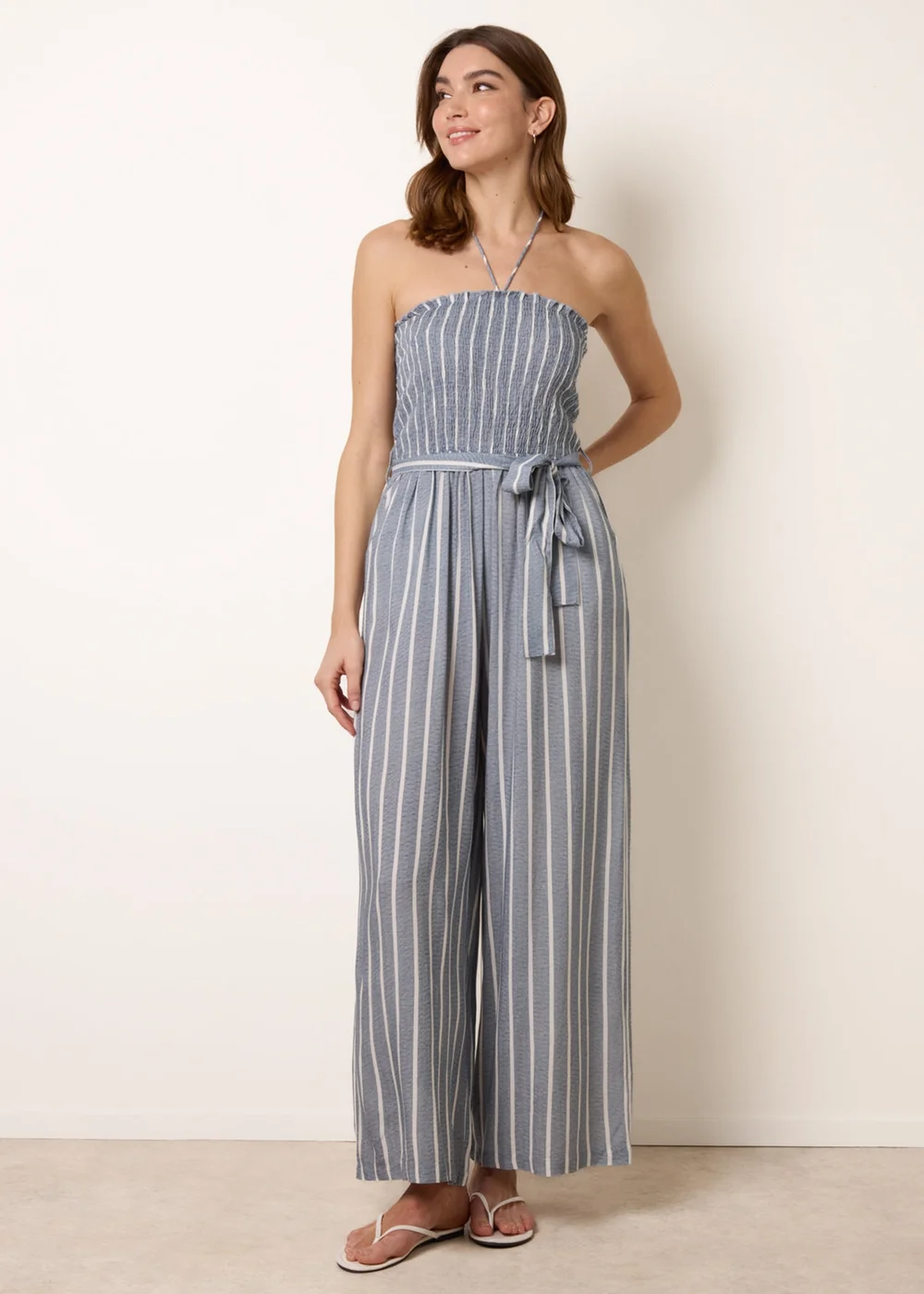 Blue Vanilla Blue Bardot Tie Neck Pinstripe Jumpsuit - L/XL Image 2