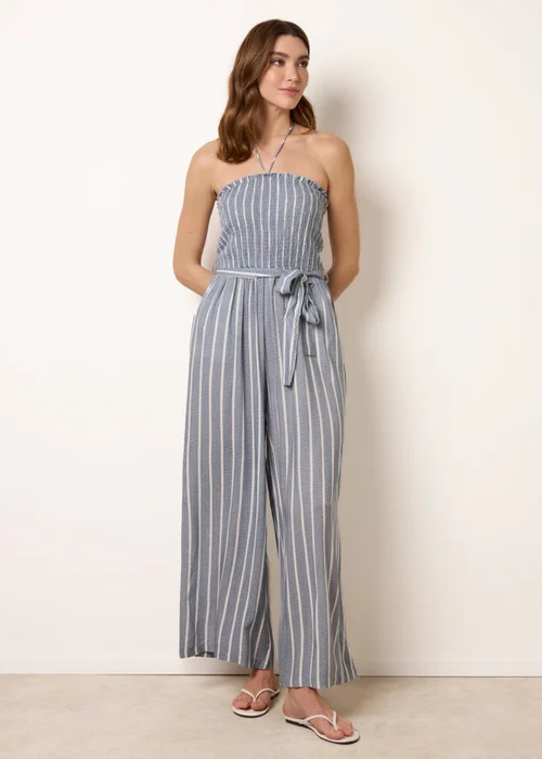Blue Vanilla Blue Bardot Tie Neck Pinstripe Jumpsuit - L/XL Image 1