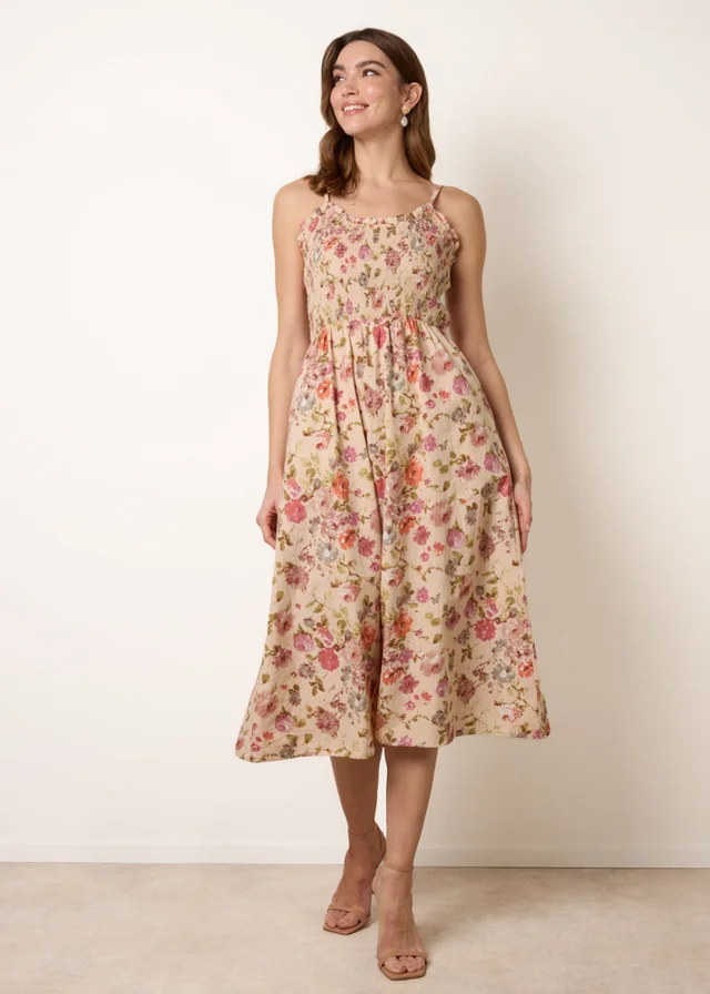 Blue Vanilla Multi Floral Shirred Strappy Midi Dress