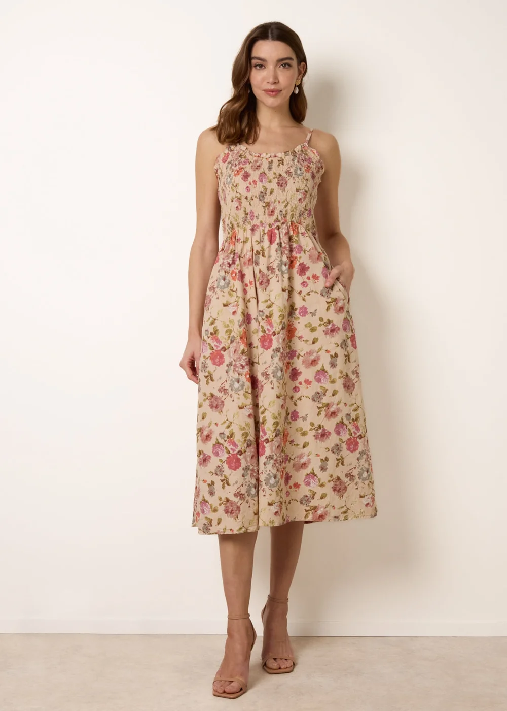 Blue Vanilla Multi Floral Shirred Strappy Midi Dress - M Image 3