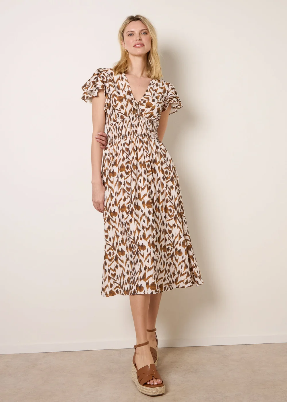 Blue Vanilla Beige Printed V Neck Frill Sleeve Midi Dress - S Image 1