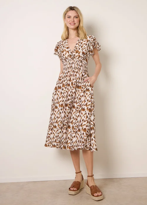 Blue Vanilla Beige Printed V Neck Frill Sleeve Midi Dress - S Image 2