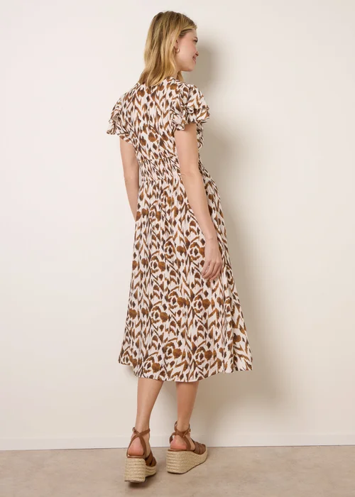 Blue Vanilla Beige Printed V Neck Frill Sleeve Midi Dress - S Image 4