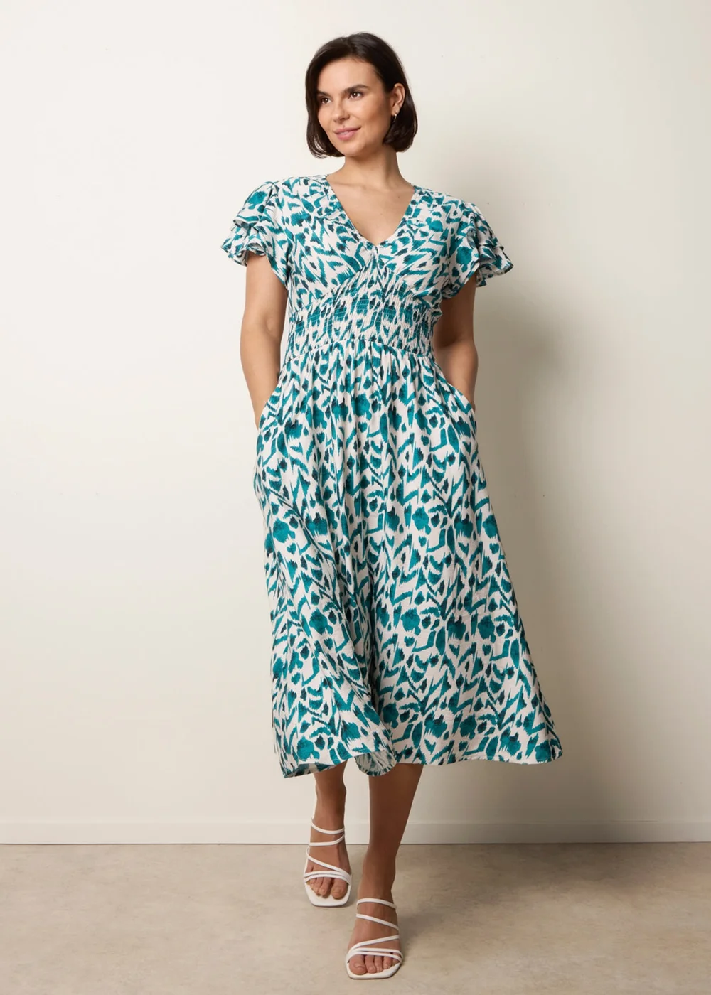 Blue Vanilla Turquoise Printed V Neck Frill Sleeve Midi Dress - S Image 2