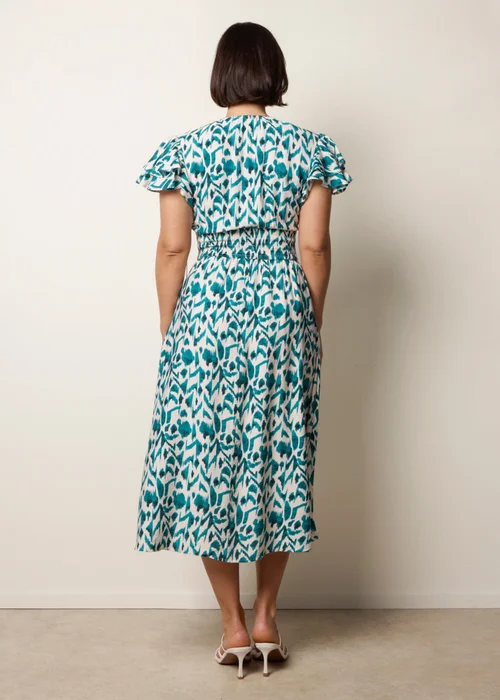 Blue Vanilla Turquoise Printed V Neck Frill Sleeve Midi Dress - S Image 4