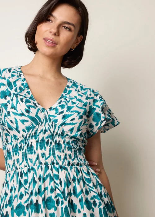 Blue Vanilla Turquoise Printed V Neck Frill Sleeve Midi Dress - S Image 3