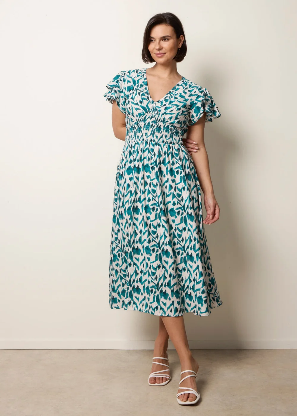 Blue Vanilla Turquoise Printed V Neck Frill Sleeve Midi Dress - S Image 1