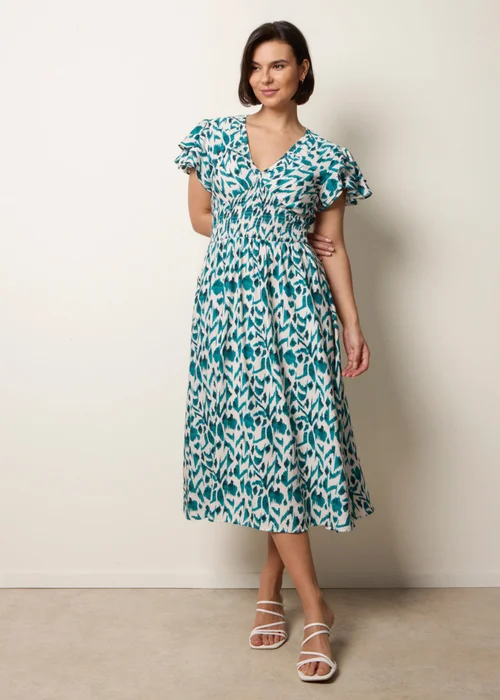 Blue Vanilla Turquoise Printed V Neck Frill Sleeve Midi Dress - S Image 1