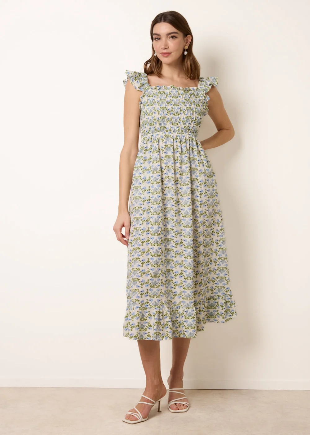 Blue Vanilla Blue Floral & Frill Shirred Bodice Midi Dress - M Image 4