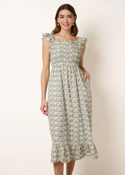 Blue Vanilla Blue Floral & Frill Shirred Bodice Midi Dress - M Image 3