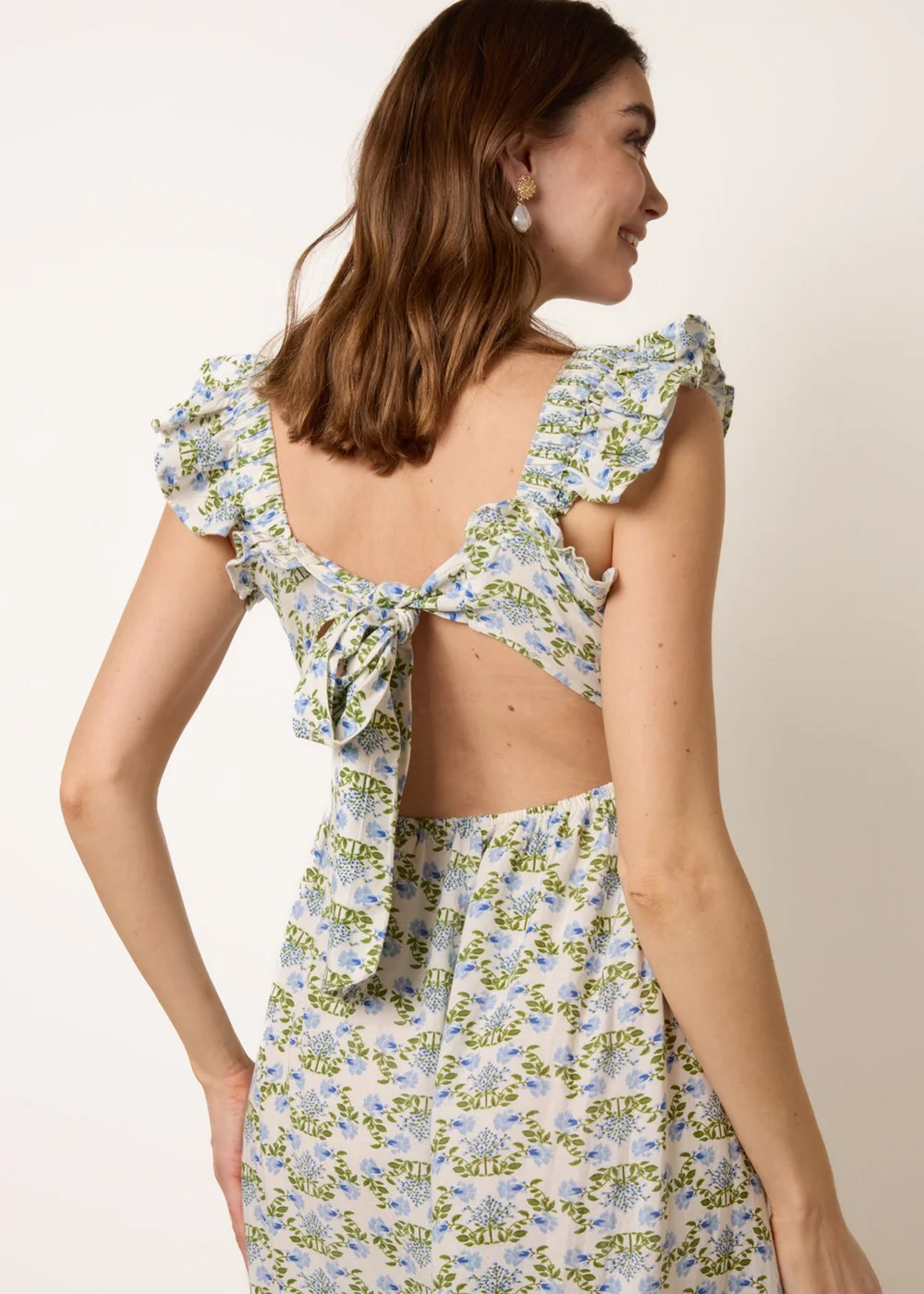 Blue Vanilla Blue Floral & Frill Shirred Bodice Midi Dress - M Image 5