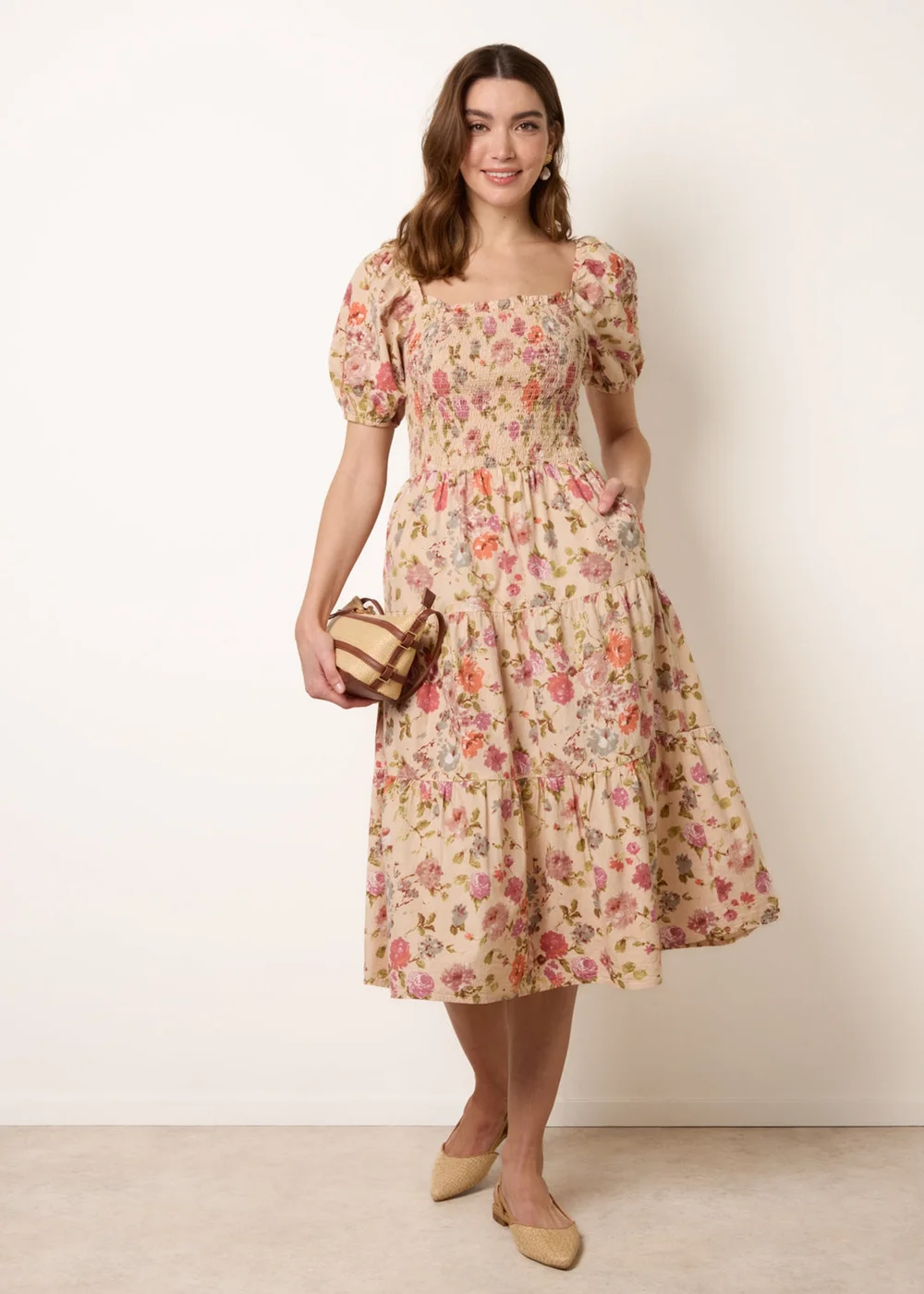 Blue Vanilla Multi Floral Puff Sleeve Shirred Midi Dress - M Image 4