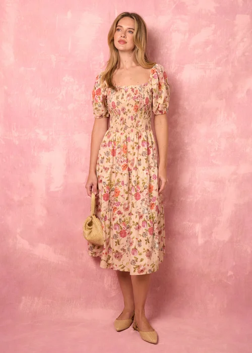 Blue Vanilla Multi Floral Puff Sleeve Shirred Midi Dress - M Image 2