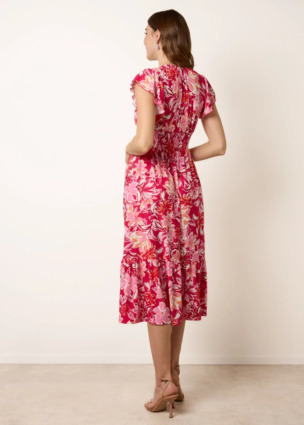 Blue Vanilla Pink Tropical Print Flutter Sleeve Midi Dress - S Image 4