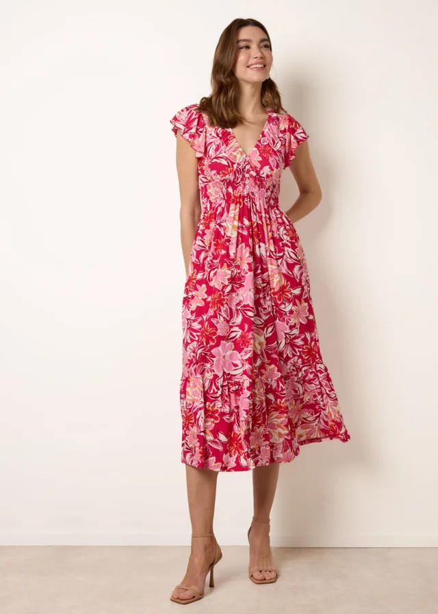 Blue Vanilla Pink Tropical Print Flutter Sleeve Midi Dress