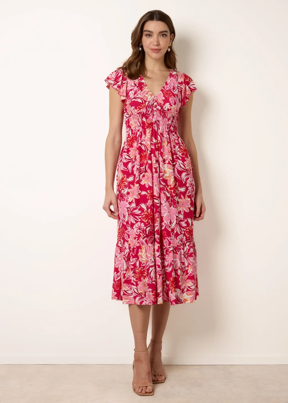Blue Vanilla Pink Tropical Print Flutter Sleeve Midi Dress - S Image 3