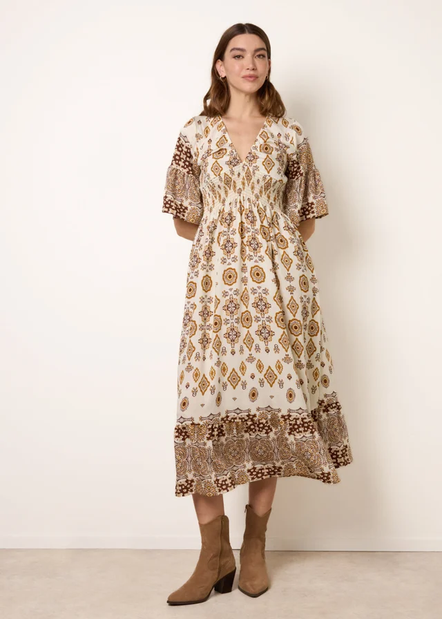 Blue Vanilla Brown V Neck Border Print Dress