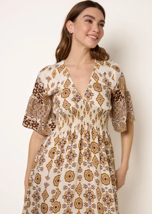 Blue Vanilla Brown V Neck Border Print Dress - M Image 2