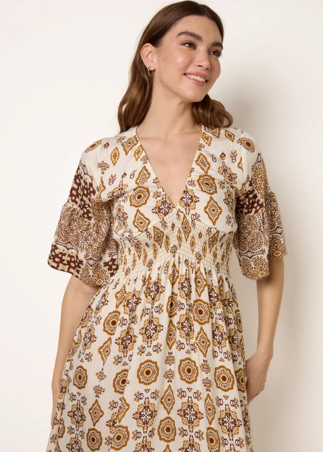 Blue Vanilla Brown V Neck Border Print Dress