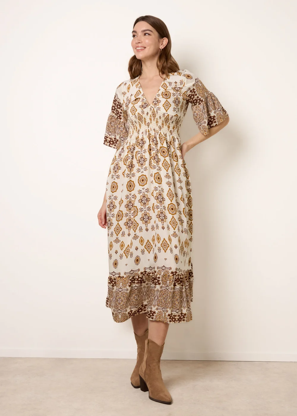 Blue Vanilla Brown V Neck Border Print Dress - M Image 3