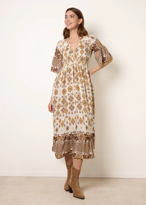 Blue Vanilla Brown V Neck Border Print Dress - M Image 3