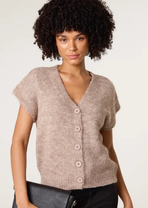 Blue Vanilla Beige Button Front Knitted Short Sleeved Cardigan - 10-12 Image 3