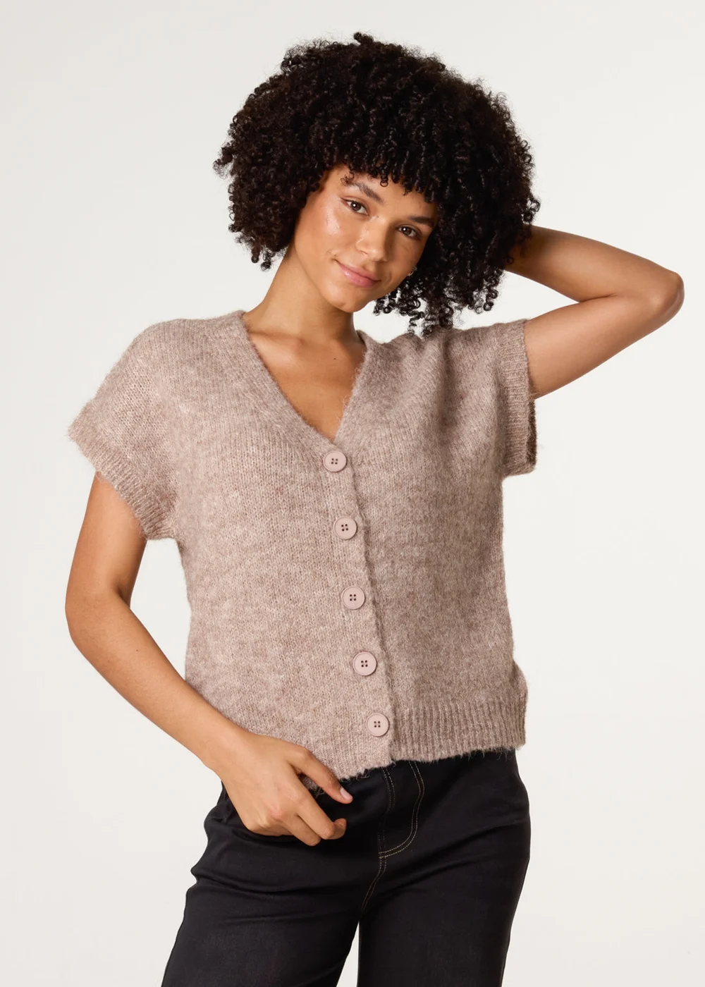 Blue Vanilla Beige Button Front Knitted Short Sleeved Cardigan - 10-12 Image 1