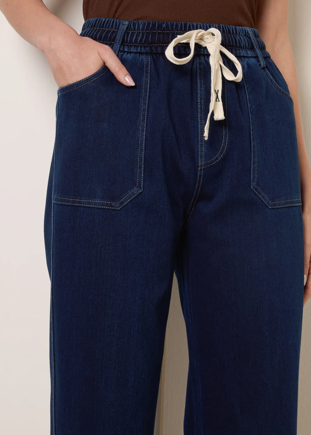 Blue Vanilla Navy Contrast Drawstring Waist Wide Leg Trousers - L Image 4
