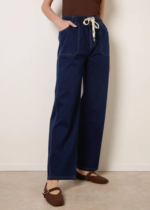 Blue Vanilla Navy Contrast Drawstring Waist Wide Leg Trousers - L Image 2