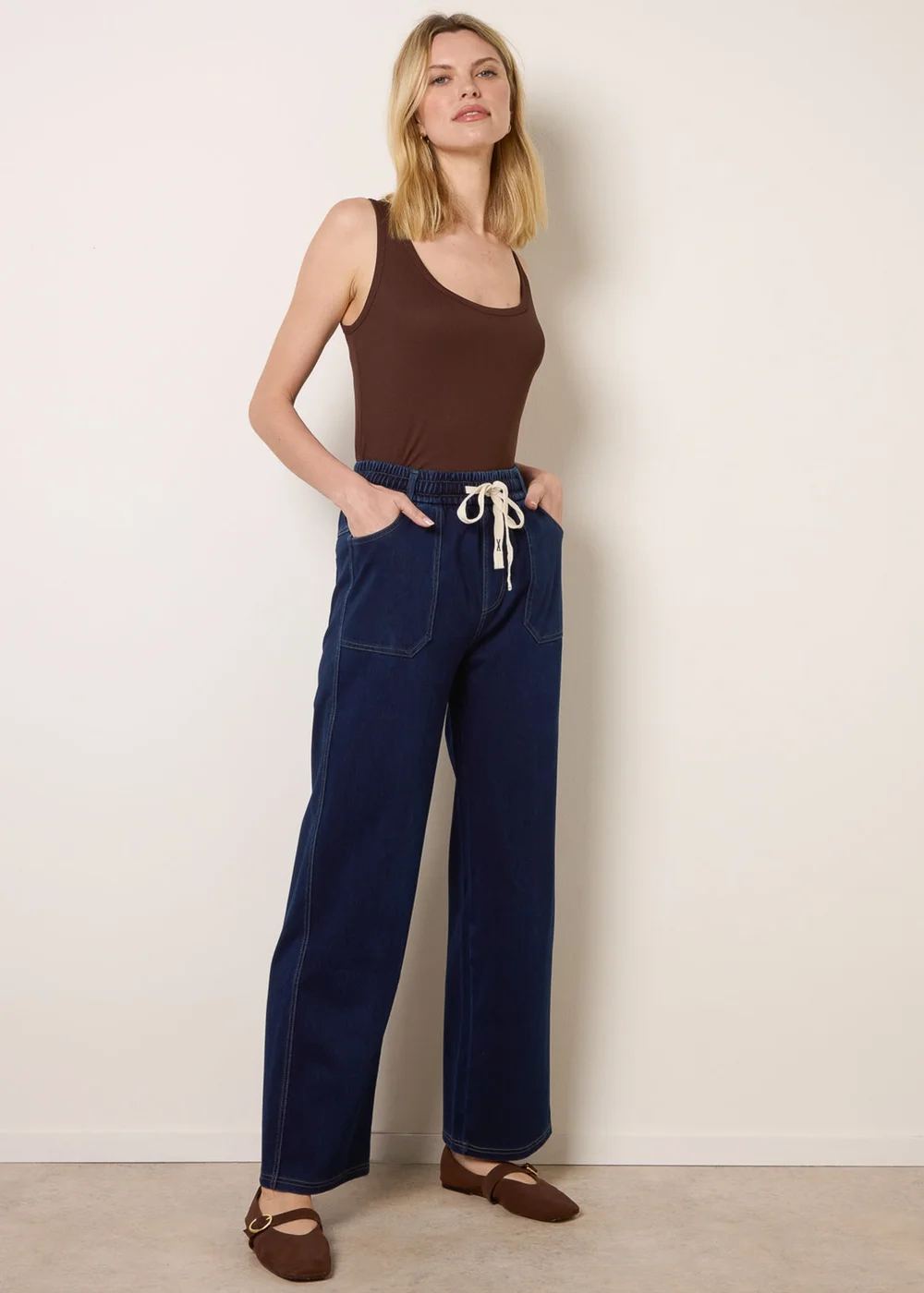 Blue Vanilla Navy Contrast Drawstring Waist Wide Leg Trousers - L Image 3