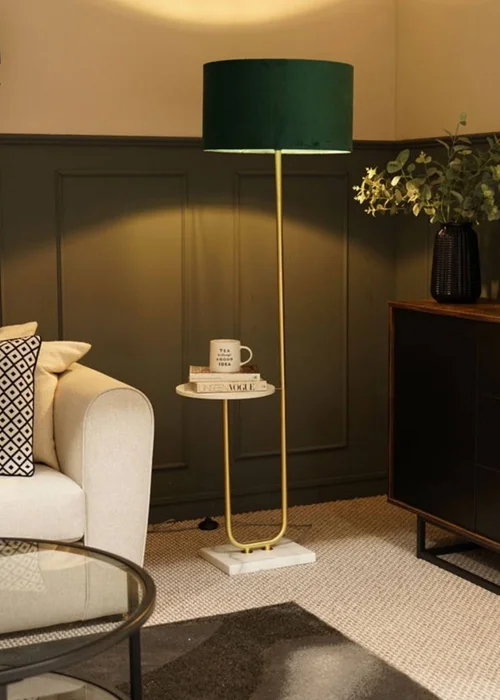 ValueLights Tavel Brushed Gold Floor Lamp with Green Velvet Shade - One Size Image 1