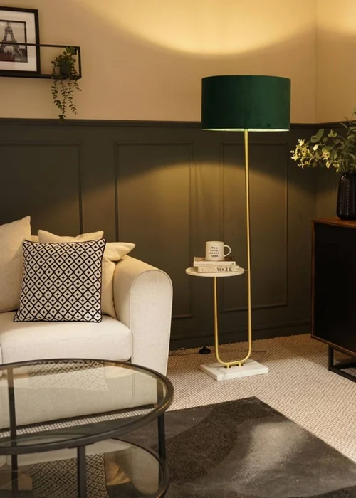 ValueLights Tavel Brushed Gold Floor Lamp with Green Velvet Shade - One Size Image 2