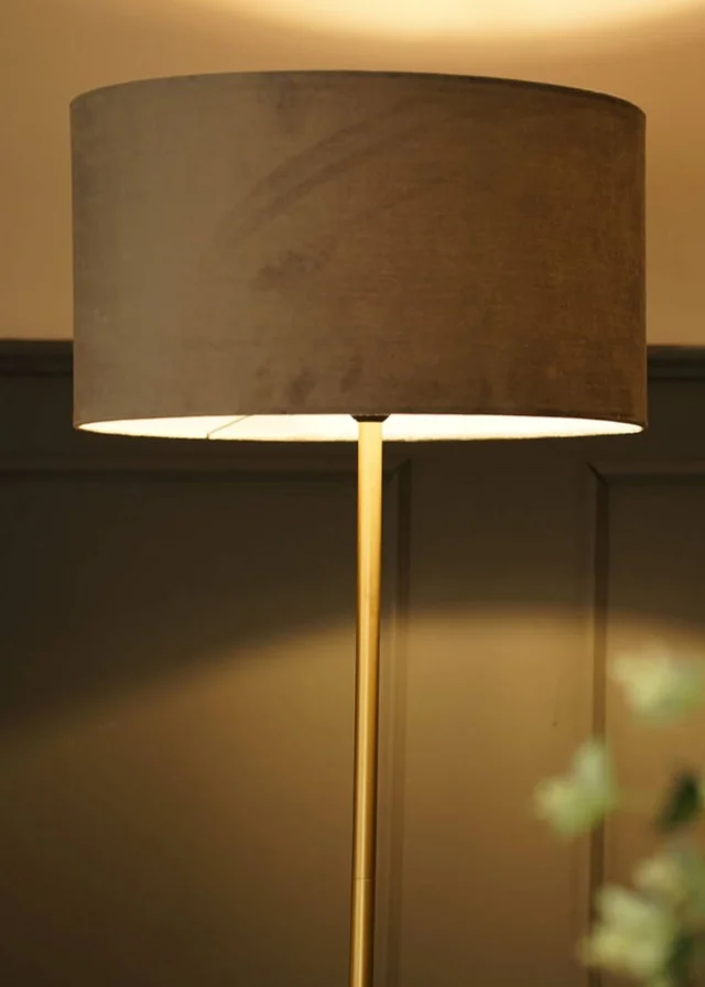 ValueLights Tavel Brushed Gold Floor Lamp with Grey Velvet Shade
