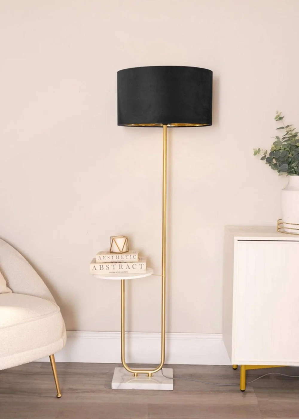 ValueLights Tavel Brushed Gold Floor Lamp with Black Velvet & Gold Inner Shade - One Size Image 1