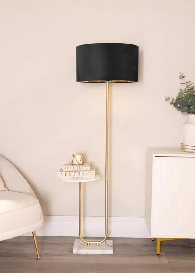 ValueLights Tavel Brushed Gold Floor Lamp with Black Velvet & Gold Inner Shade