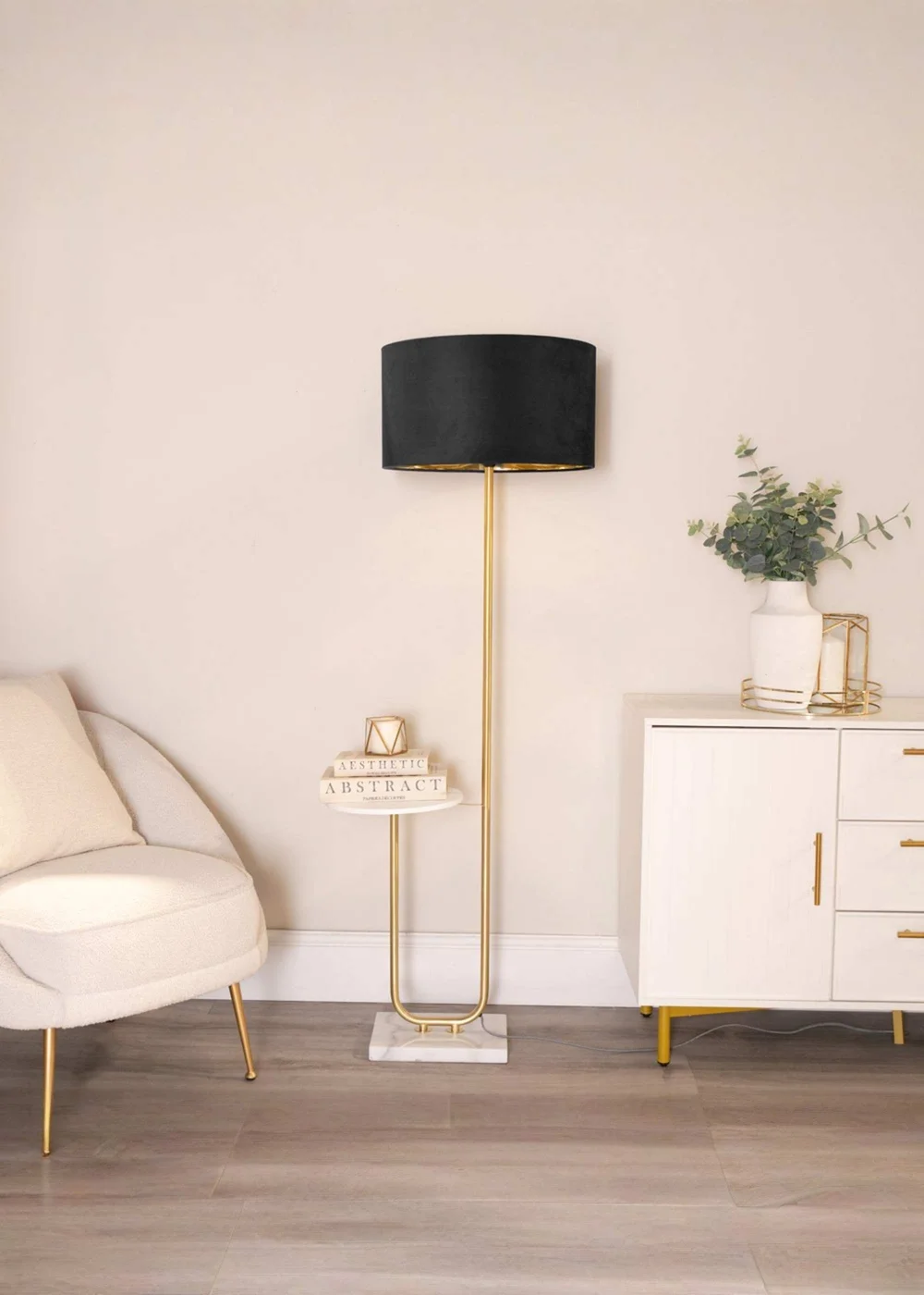 ValueLights Tavel Brushed Gold Floor Lamp with Black Velvet & Gold Inner Shade - One Size Image 2