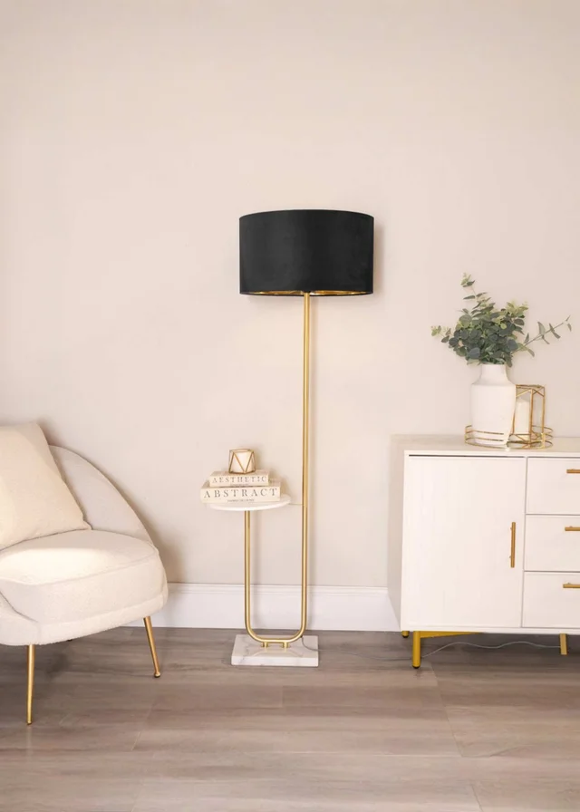 ValueLights Tavel Brushed Gold Floor Lamp with Black Velvet & Gold Inner Shade