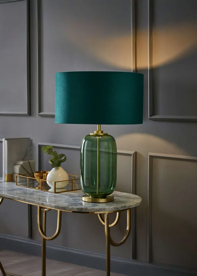 ValueLights Leigh Green Glass Table Lamp with Velvet Shade