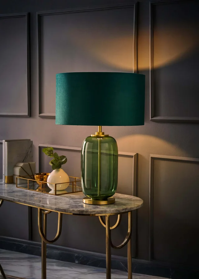 ValueLights Leigh Green Glass Table Lamp with Velvet Shade