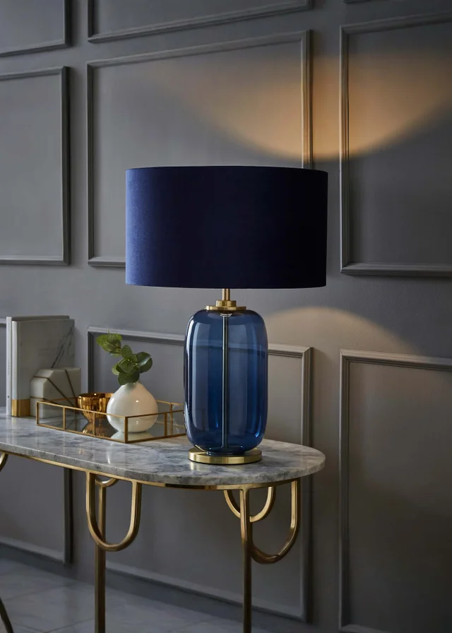 ValueLights Leigh Navy Glass Table Lamp with Velvet Shade