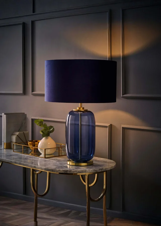 ValueLights Leigh Navy Glass Table Lamp with Velvet Shade