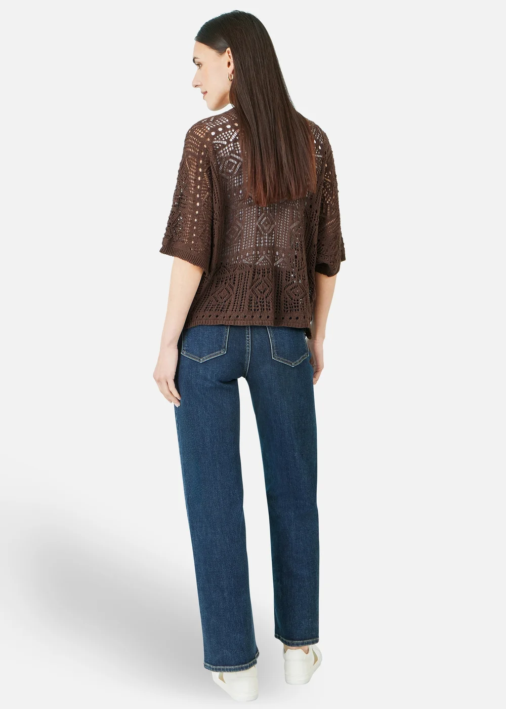 Yumi Brown Crochet Edge To Edge 3/4 Sleeve Cardigan - S Image 2