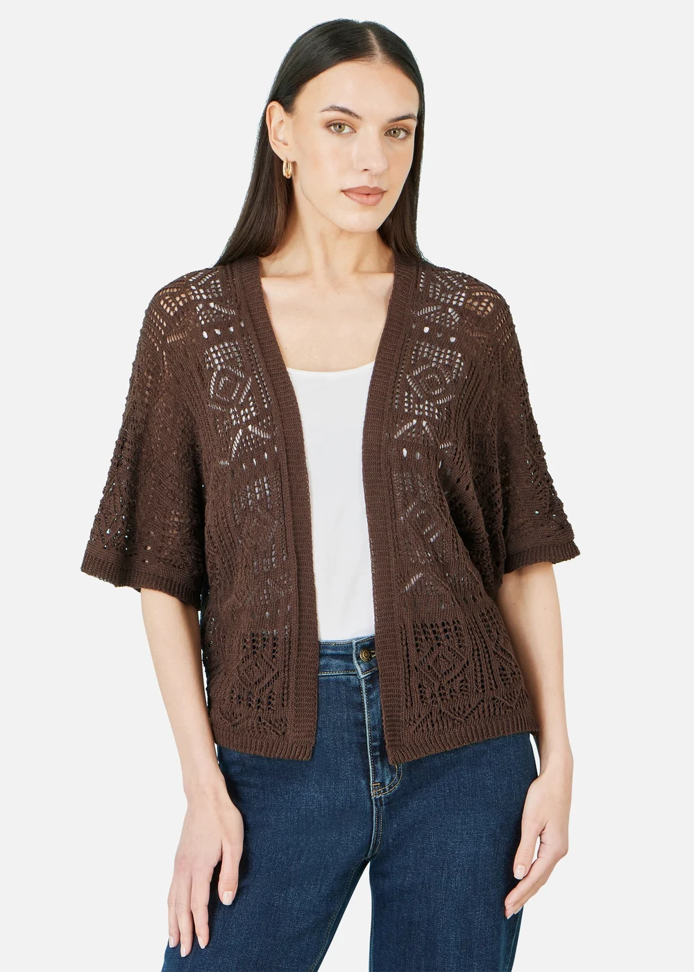 Yumi Brown Crochet Edge To Edge 3/4 Sleeve Cardigan - S Image 1