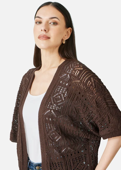 Yumi Brown Crochet Edge To Edge 3/4 Sleeve Cardigan - S Image 3