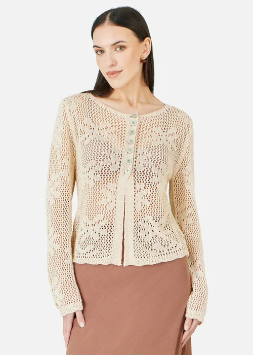 Yumi Beige Flower Crochet Button Up Cardigan - S Image 1