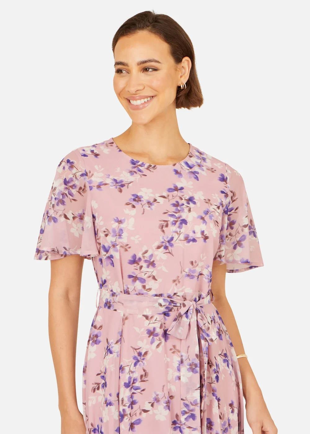 Yumi Pink Blossom Skater Midi Dress With Angel Sleeves - 10 Image 3