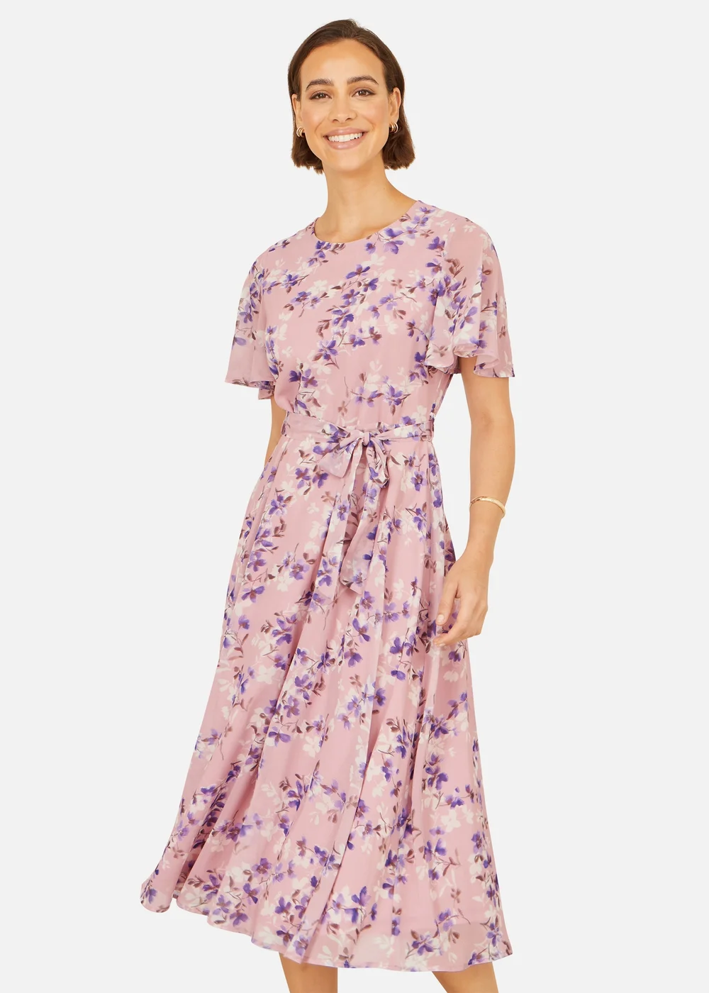 Yumi Pink Blossom Skater Midi Dress With Angel Sleeves - 10 Image 2