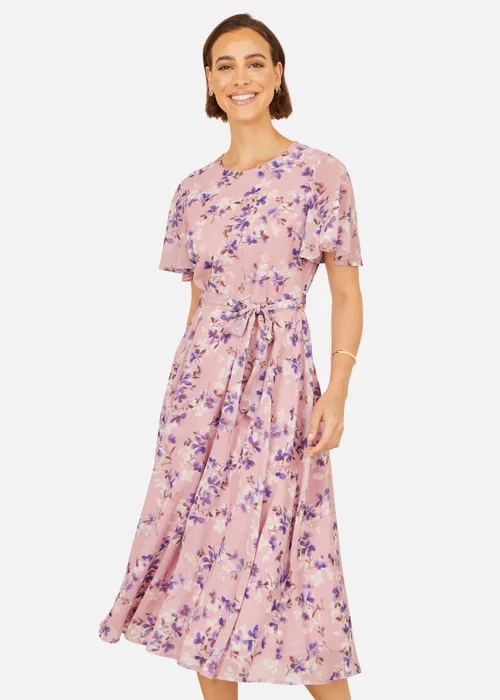 Yumi Pink Blossom Skater Midi Dress With Angel Sleeves - 10 Image 2