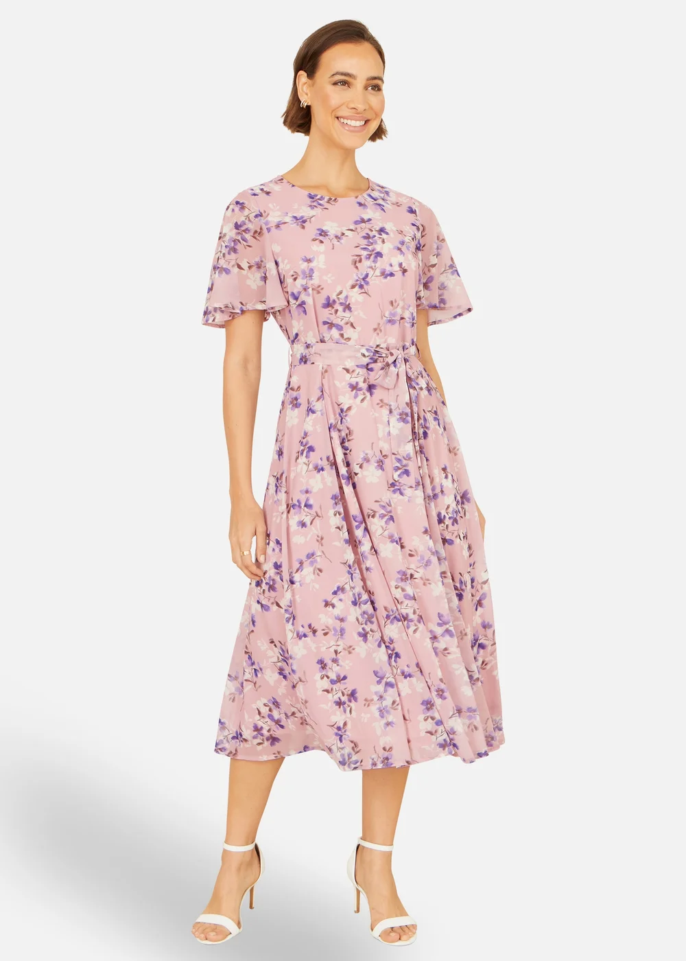 Yumi Pink Blossom Skater Midi Dress With Angel Sleeves - 10 Image 1